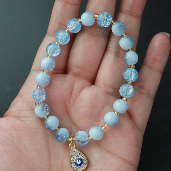 Evil Eye Charm Light Blue Beads Stretchable Bracelet - Picture 2 of 3